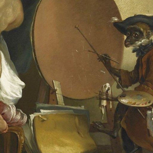 A monkey dressed in human clothes paints a nude human figure in a studio setting, holding a palette and brush.