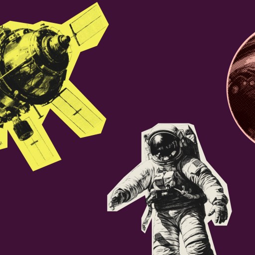 Illustration of a spacecraft, an astronaut, and a planet against a dark purple background.