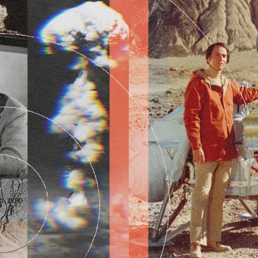 A collage of photos featuring Carl Sagan standing next to a spacecraft.