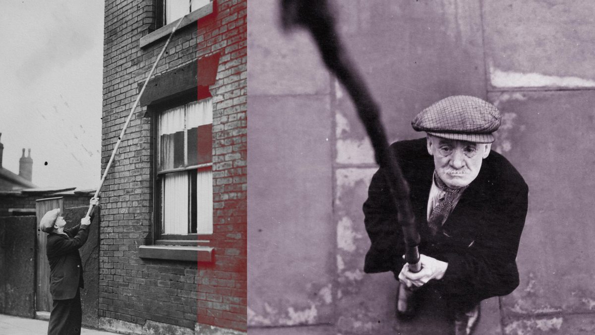 A collage featuring two images of Mr William Crompton, the oldest knocker-upper in Bolton in 1939.