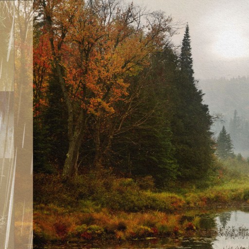 A picture of a serene forest with tall trees and a peaceful pond.