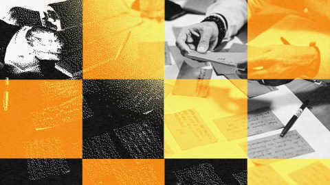 A creative collage of individuals jotting down ideas on a piece of paper to boost innovation.