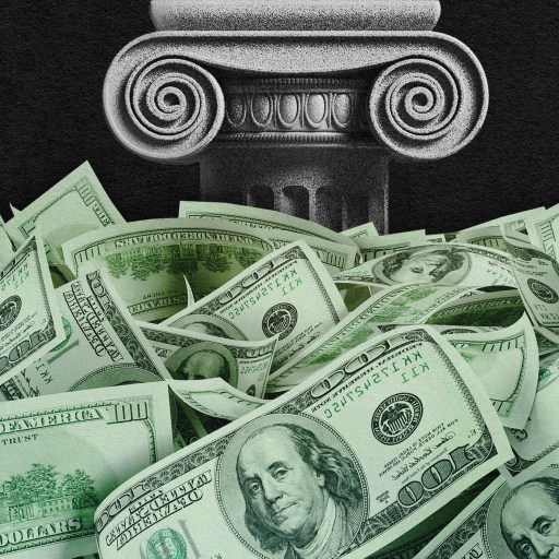 A pile of money in front of a democracy column.