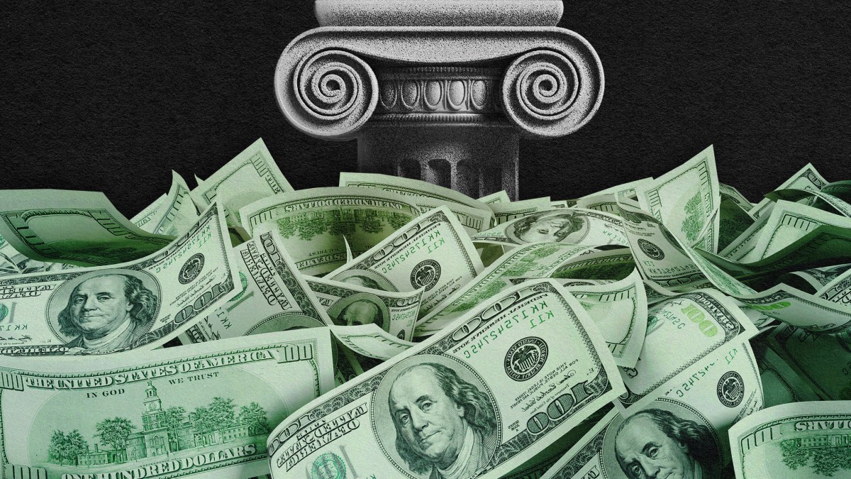 A pile of money in front of a democracy column.