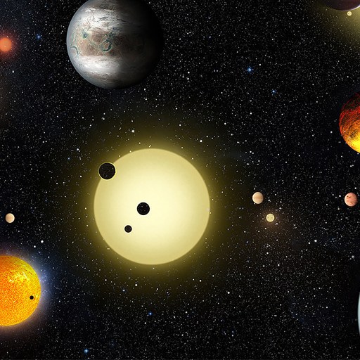 An artist's impression of a group of planets in space.