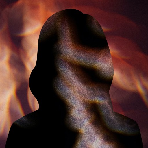 A silhouette of a person experiencing a near-death encounter in front of a fire.