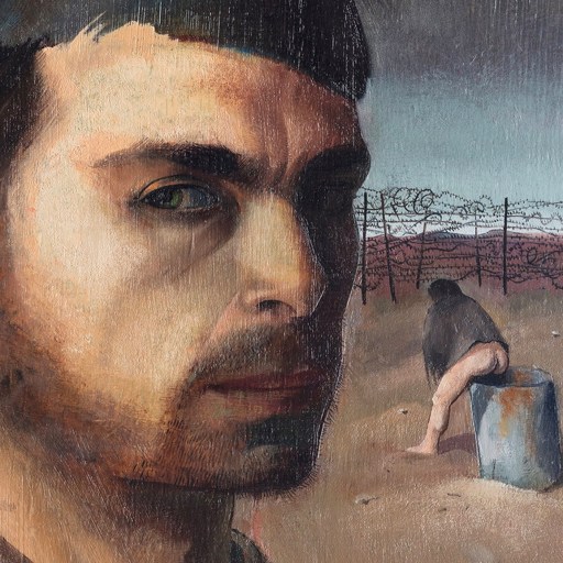 A somber painting of a man standing alone in a tranquil field.
