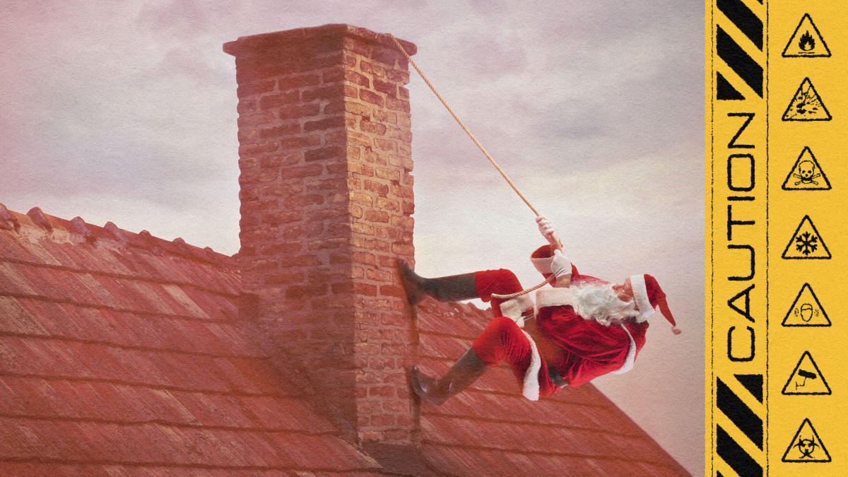 Santa Claus hanging from a hazardous chimney.