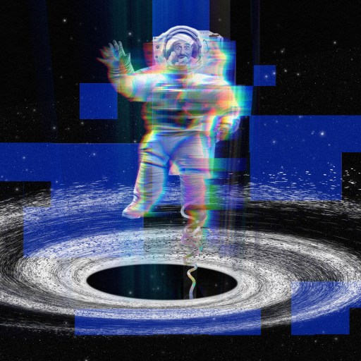 An image of a man standing in a black hole.