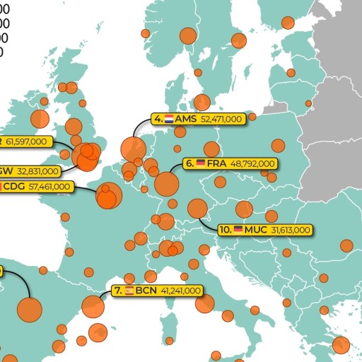 A map of europe with many orange dots.