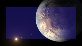 An image of a planet with a moon, highlighting one of the first living worlds discovered.