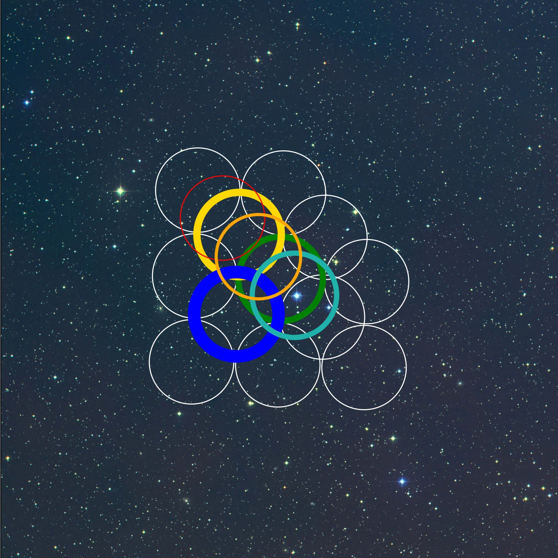 Olympic rings orbiting in a dark galaxy.