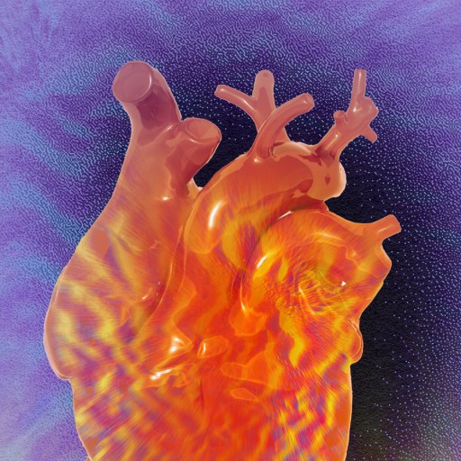 An image of a human heart in flames.