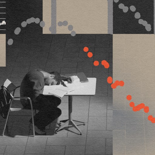 An illustration of an undergraduate man sitting at a desk.