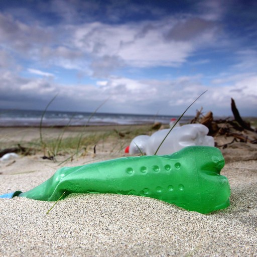 A plastic bottle sitting in the sand.