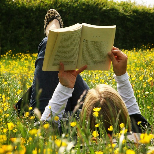 A woman in a field enjoying digital reading.