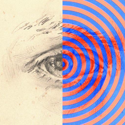 A human eye is drawn in pencil on the left, blending into a stylized version of the same eye overlaid with blue and red concentric circles on the right.