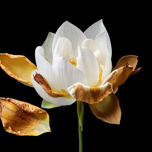 A white lotus flower on a black background.