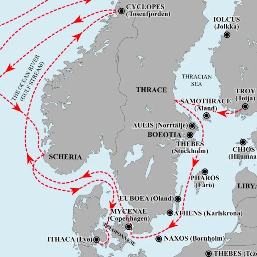A map showing the route of a voyage from sweden to norway.