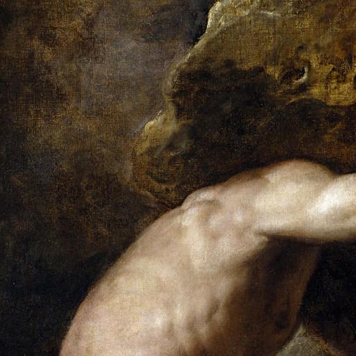 A muscular, shirtless figure is shown pushing a large boulder upward against a dark, textured background.