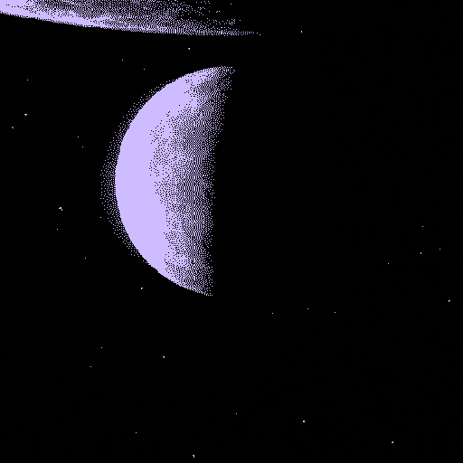 A digitally enhanced view of a crescent planet Earth with a galaxy in the background.