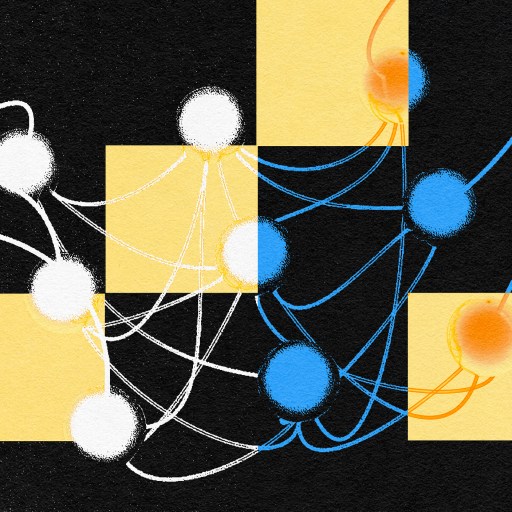 An illustration of a chess board with blue and orange dots, showcasing the AI wave.
