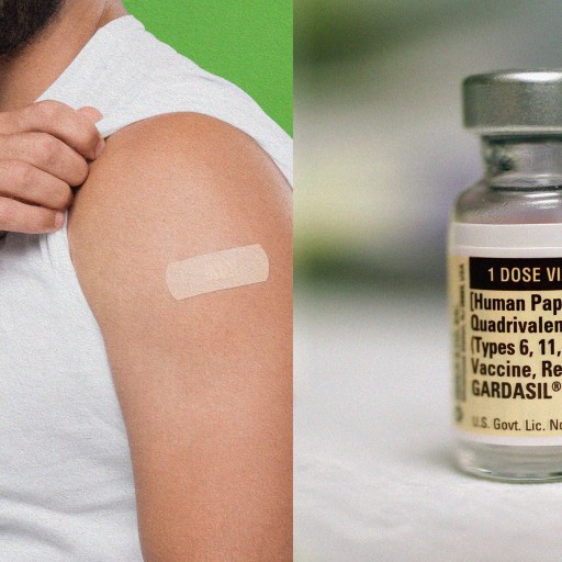 A person with a bandage on their arm after receiving an HPV vaccination, with a focus on a vial of the Gardasil vaccine.