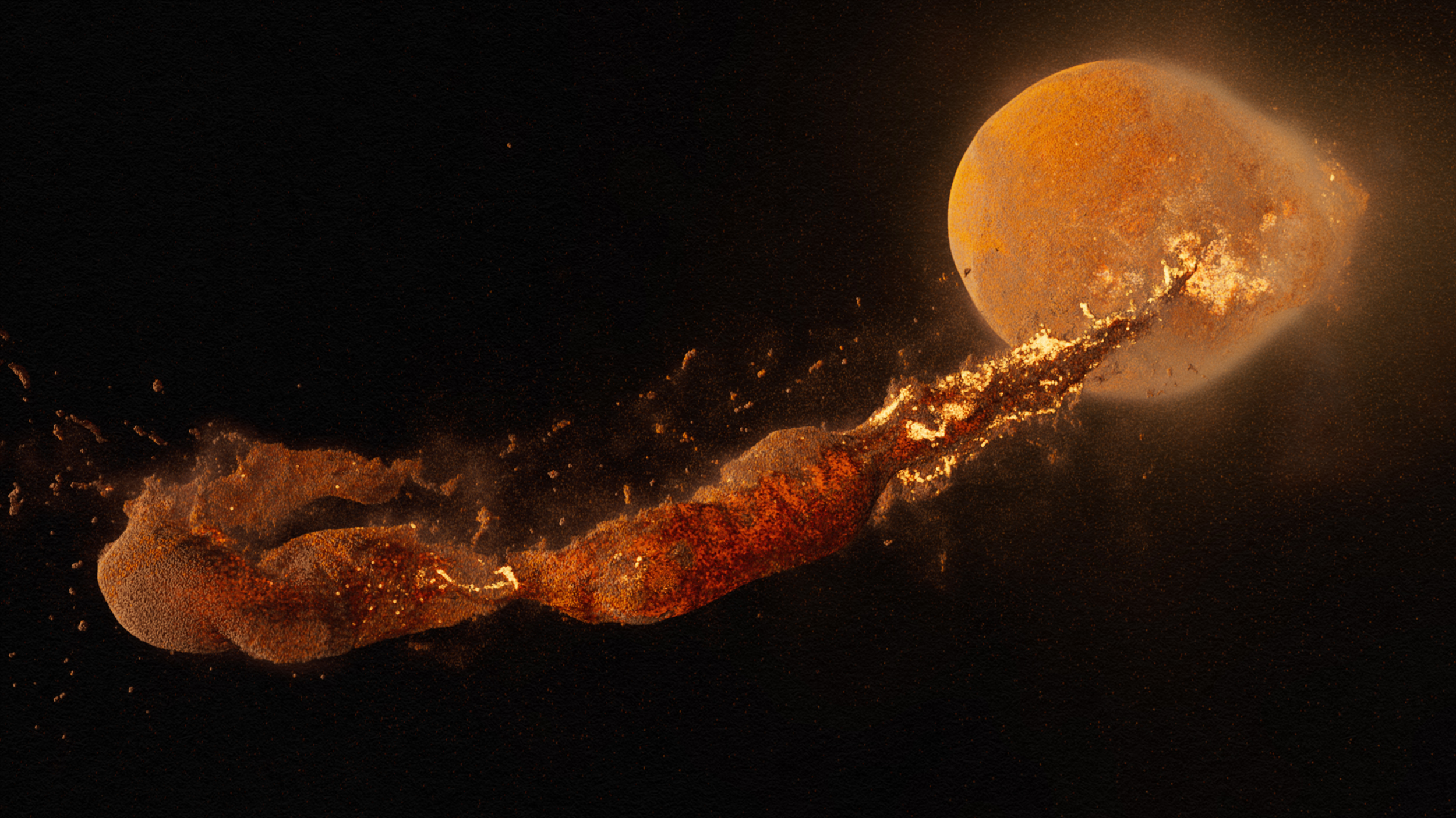 An image of a fireball emerging from a dark background.
