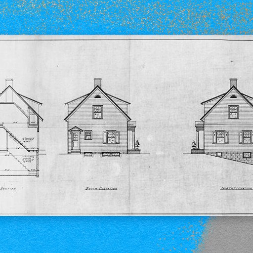 Two tiny house drawings on a blue background.