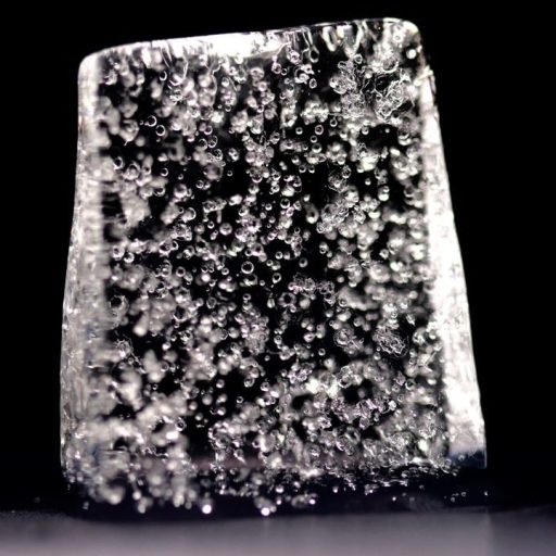 A close-up of a translucent cube of ice with a bubbly texture against a dark background.