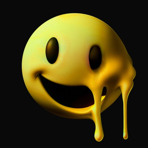 A melting yellow smiley face on a black background.