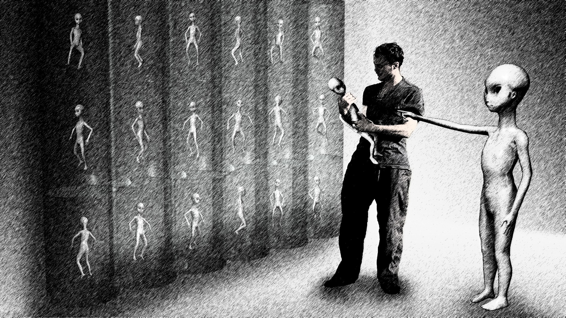 A man is standing next to an alien in a dark room.