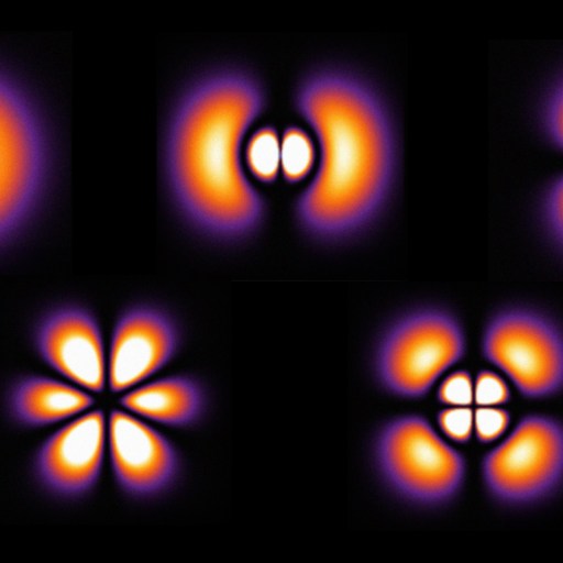 Series of six images displaying the diffraction patterns of light as it passes through various shaped apertures.