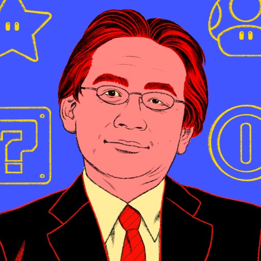 An image of Satoru Iwata, the leader in a suit and tie, surrounded by Nintendo icons.