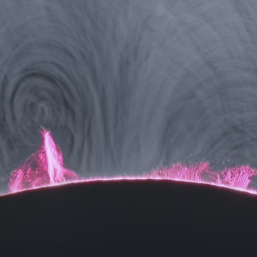 Solar total eclipse revealing the sun's pink chromosphere and prominences.