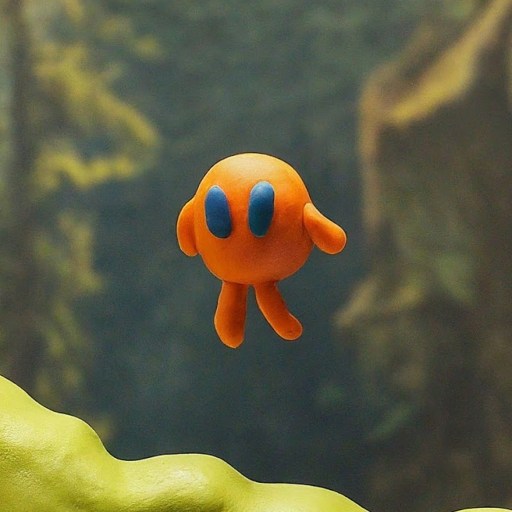 Orange character with large eyes floating against a forest backdrop.