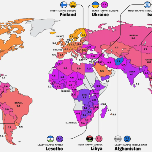 World map illustrating various countries color-coded by their happiness levels with symbols indicating the most and least happy countries in each region.