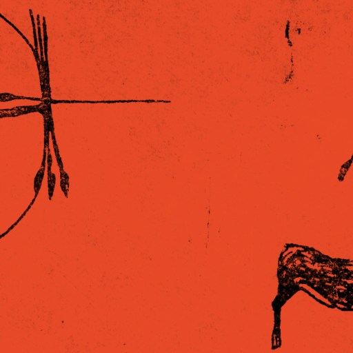 Black cave-painting style drawing of a person shooting arrows at a deer with antlers on a red-orange background.