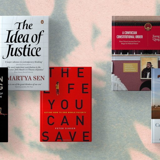 Five modern philosophy books about the idea of justice on a pink background.
