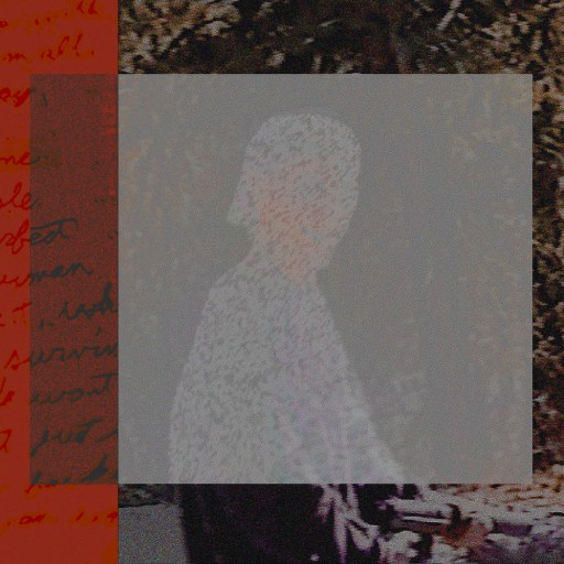 A pixelated image of a person in a white hoodie walking in the woods, with the person's face obscured by pixelation. The background features reddish handwritten text overlay.
