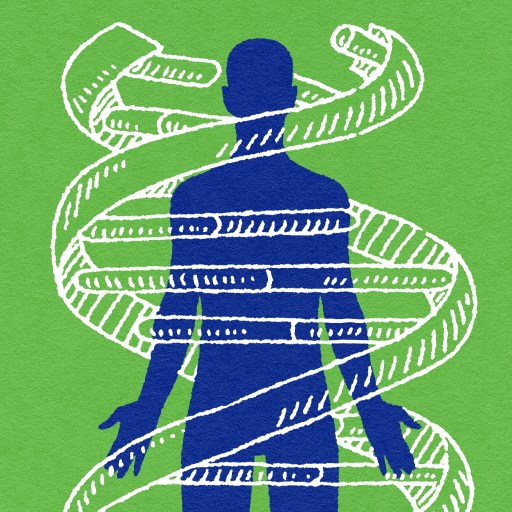 A blue and white drawing of a person wrapped in a tape illustrating genetic determinism.