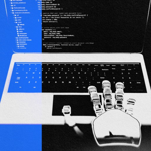 An image of a laptop with an AI software engineer's hand on it.