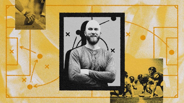 A collage featuring a man in the center with crossed arms, AI startup leadership play diagrams, and action shots of a football game on a textured background.