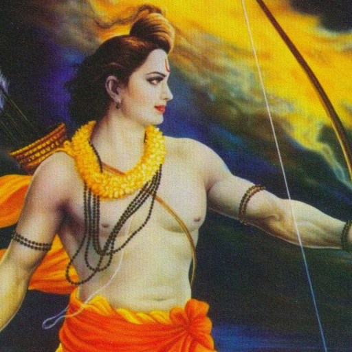 A painting of lord Rama, a major deity in Hinduism and a key figure in the monomyth, depicted with a bow and arrow set against a dynamic sky background.