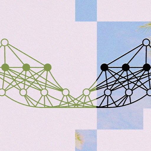 Abstract geometric and AI work illustration overlaying a pastel background with tropical leaf silhouettes.