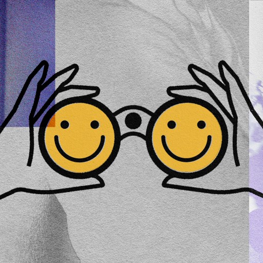 An image of a person holding a pair of binoculars with the new happy face on it.