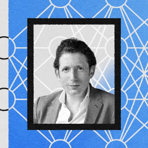 Monochrome portrait of a man with curly hair superimposed on an abstract background featuring skyscrapers, geometric patterns, and elements of machine learning marketing.