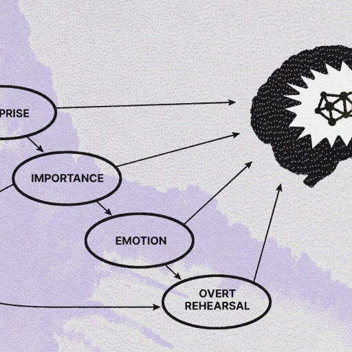 Illustration of a conceptual model showing factors like novelty, surprise, importance, emotion, flashbulb memories, and overt rehearsal linked to memory retention, symbolized by a brain icon.