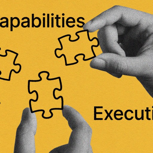 Two hands fitting together puzzle pieces with the words "mindset" and "capabilities", against a backdrop featuring the word "execution" and an image of a rocket launch.