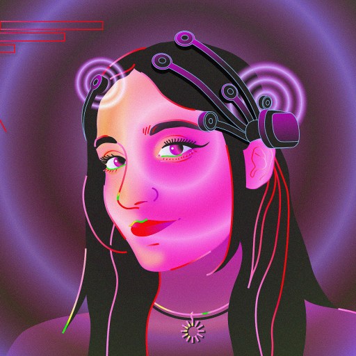 Illustration of a woman with cybernetic enhancements playing video games with her mind, surrounded by various futuristic interface elements.